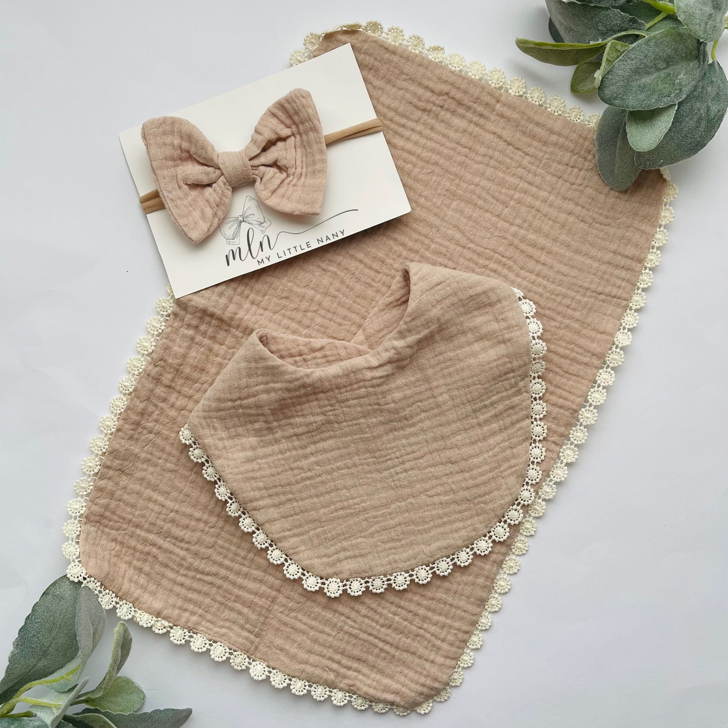 Baby Girl Muslin Burp, Bib & Bow Set