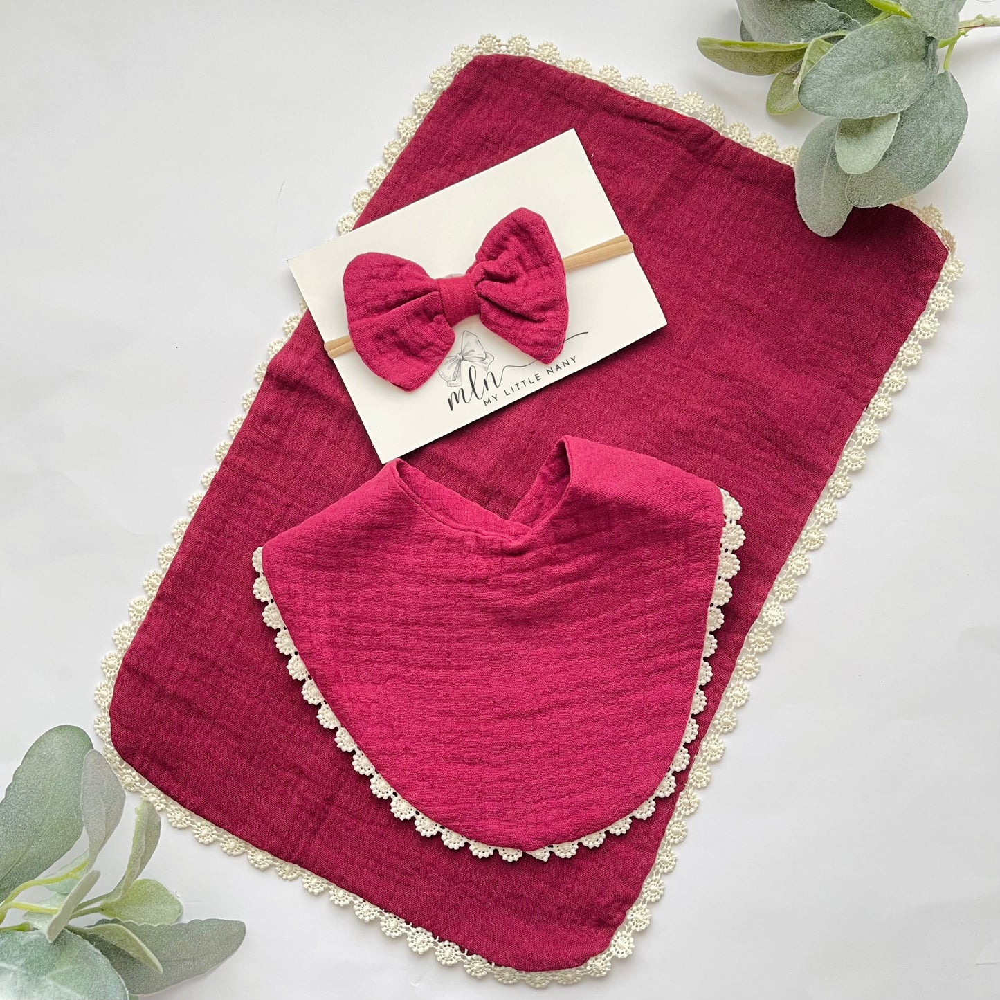 Baby Girl Muslin Burp, Bib & Bow Set