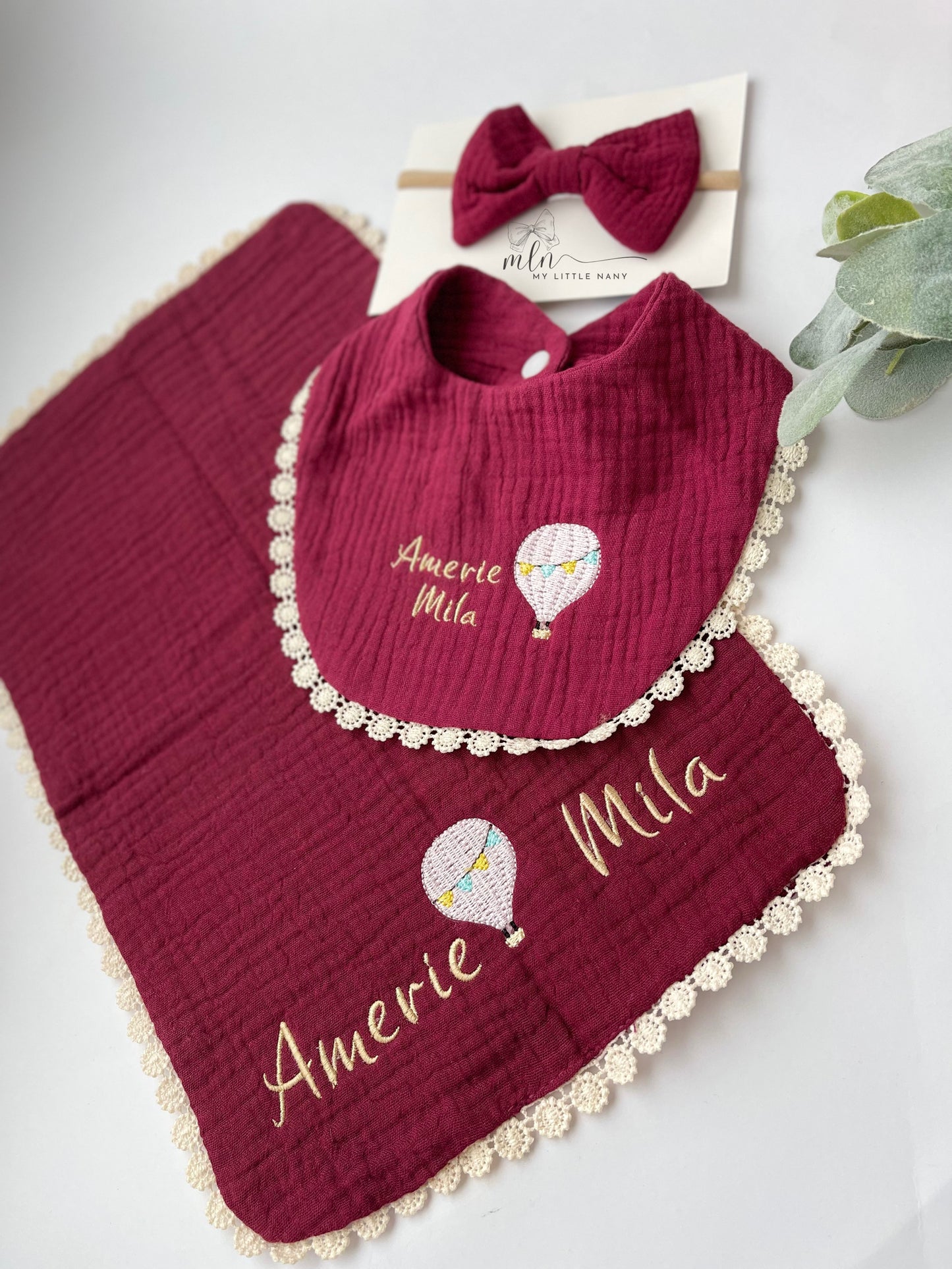 Baby Girl Muslin Burp, Bib & Bow Set