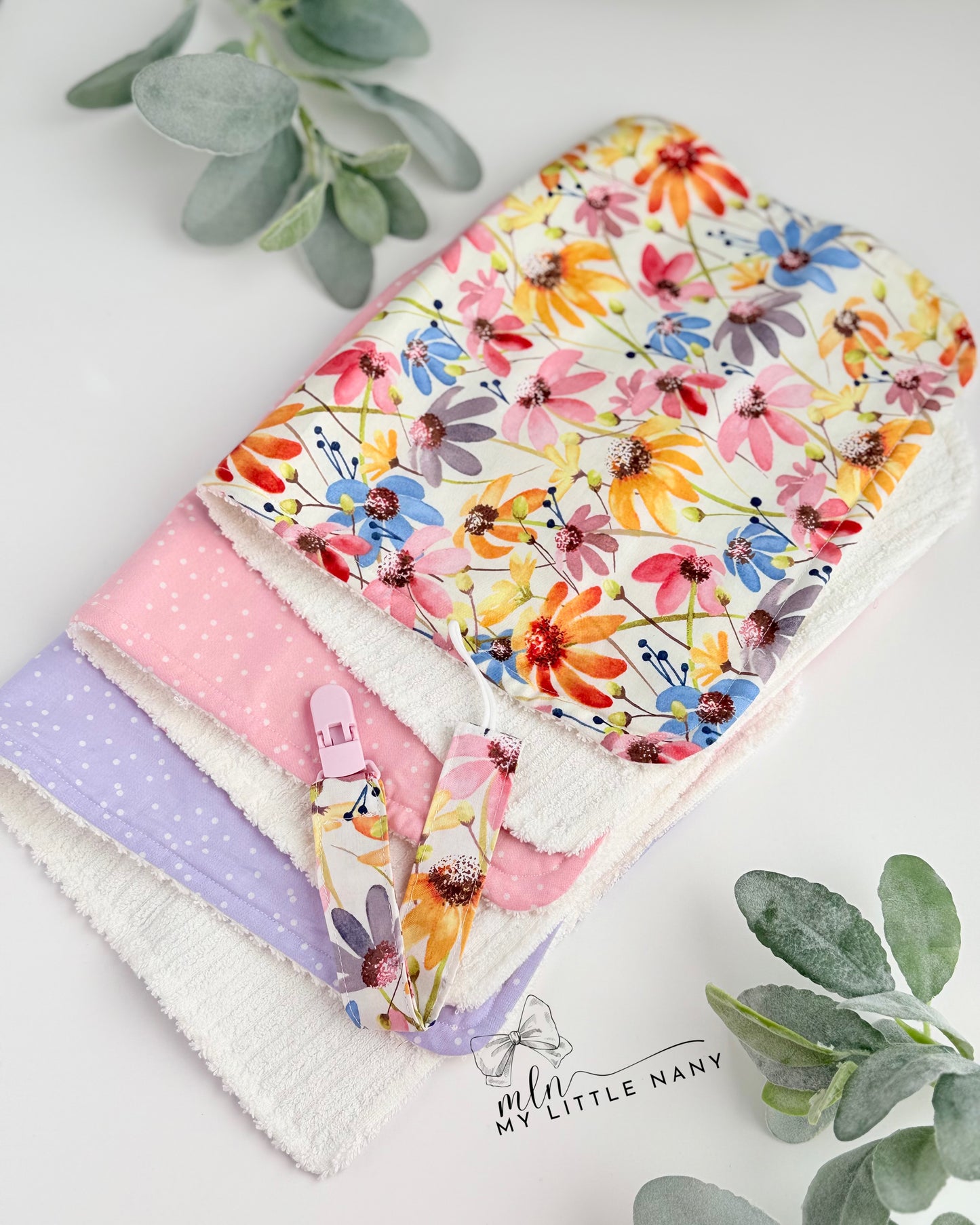 Flowers Baby Burp Cloth & Pacifier Holder Set