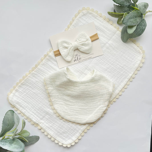 Baby Girl Muslin Burp, Bib & Bow Set