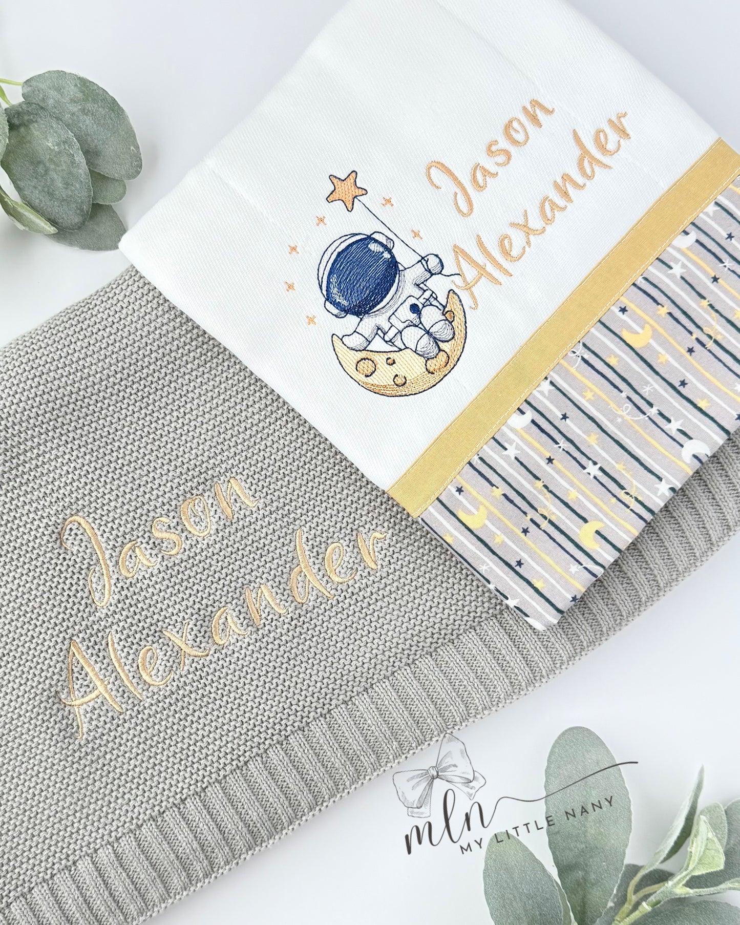 Embroidered Space Baby Blanket and Burp Set