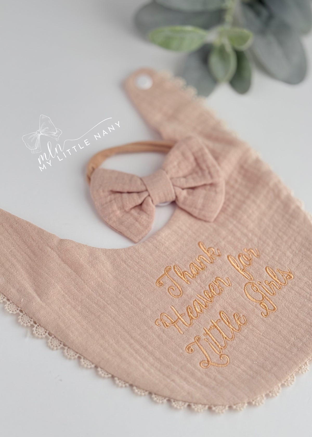Thank Heaven Bib and Matching Bow Set