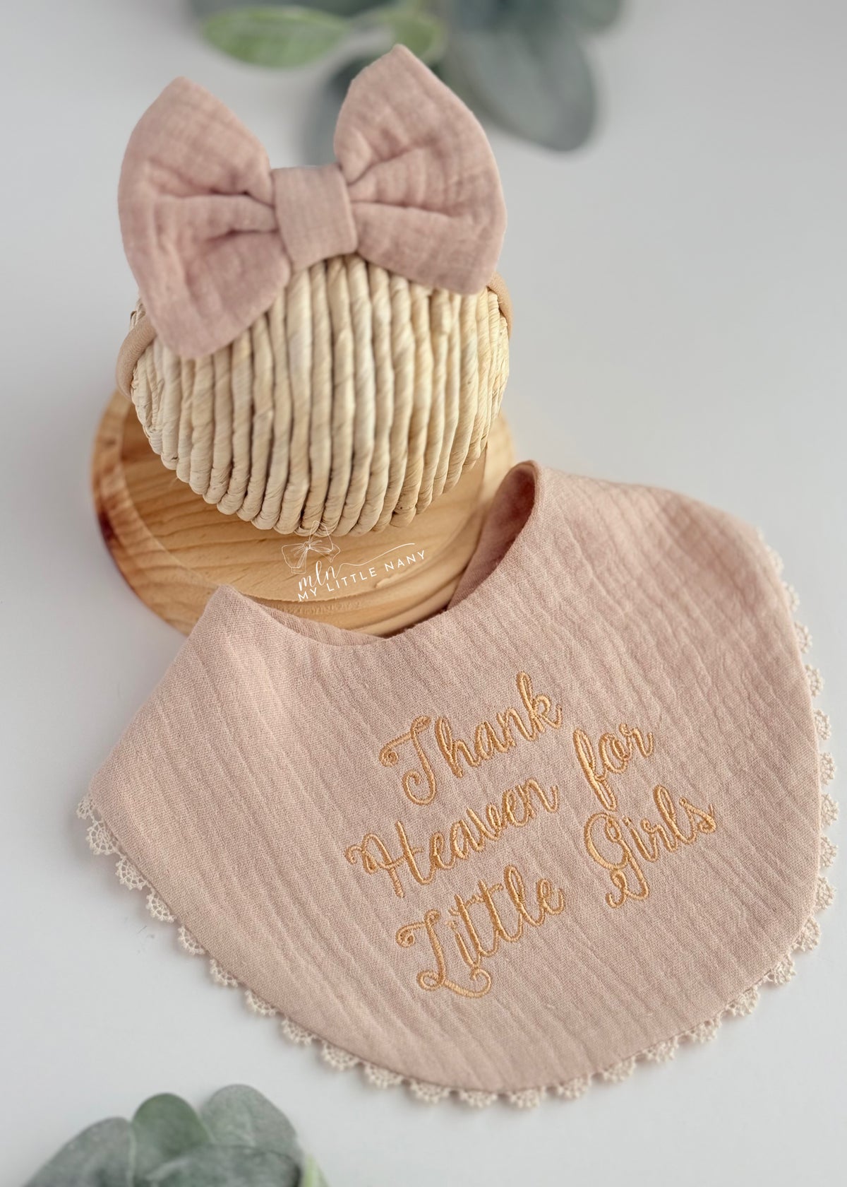Thank Heaven Bib and Matching Bow Set