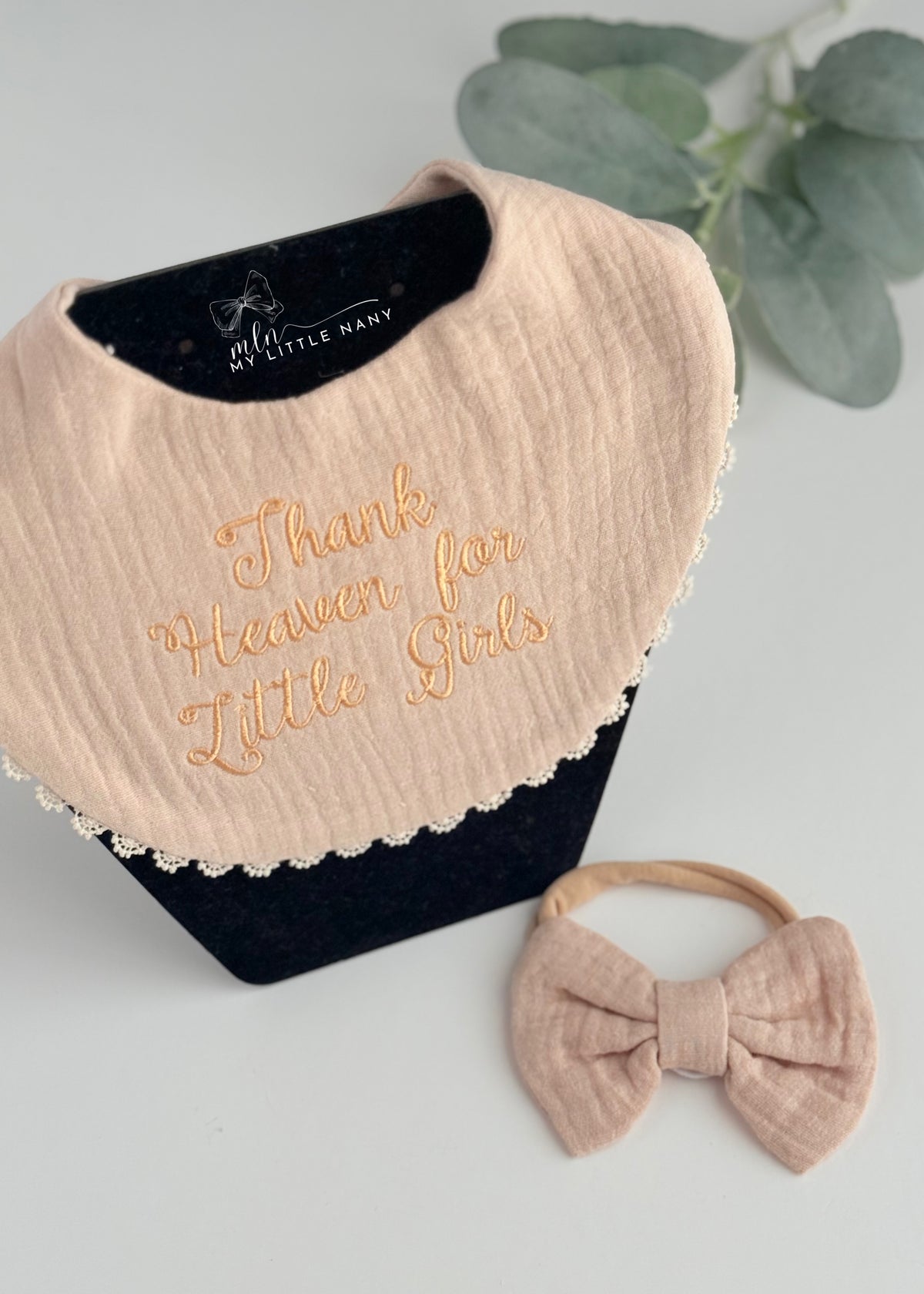 Thank Heaven Bib and Matching Bow Set