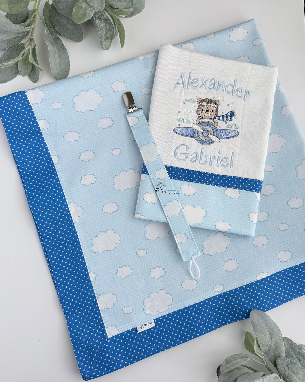 Aviator Bear Blanket, Burp Cloth and Pacifier Holder Set