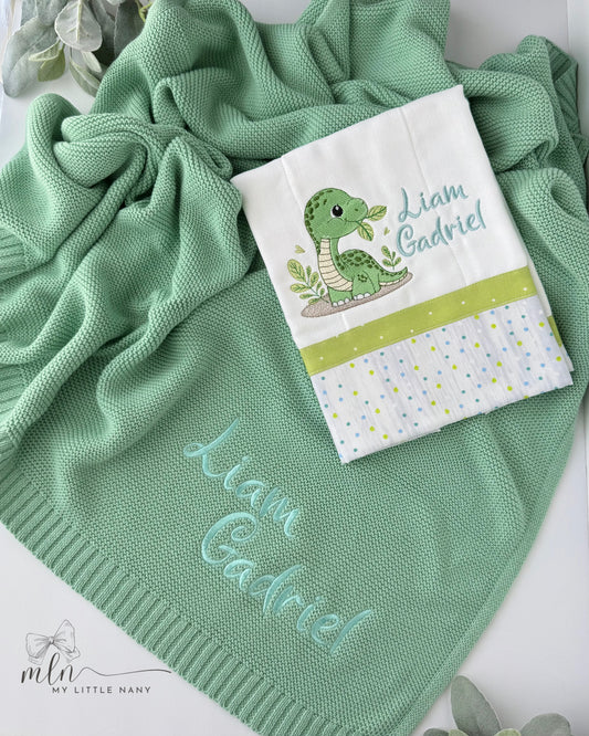 Embroidered Dinosaur Baby Blanket and Burp Set